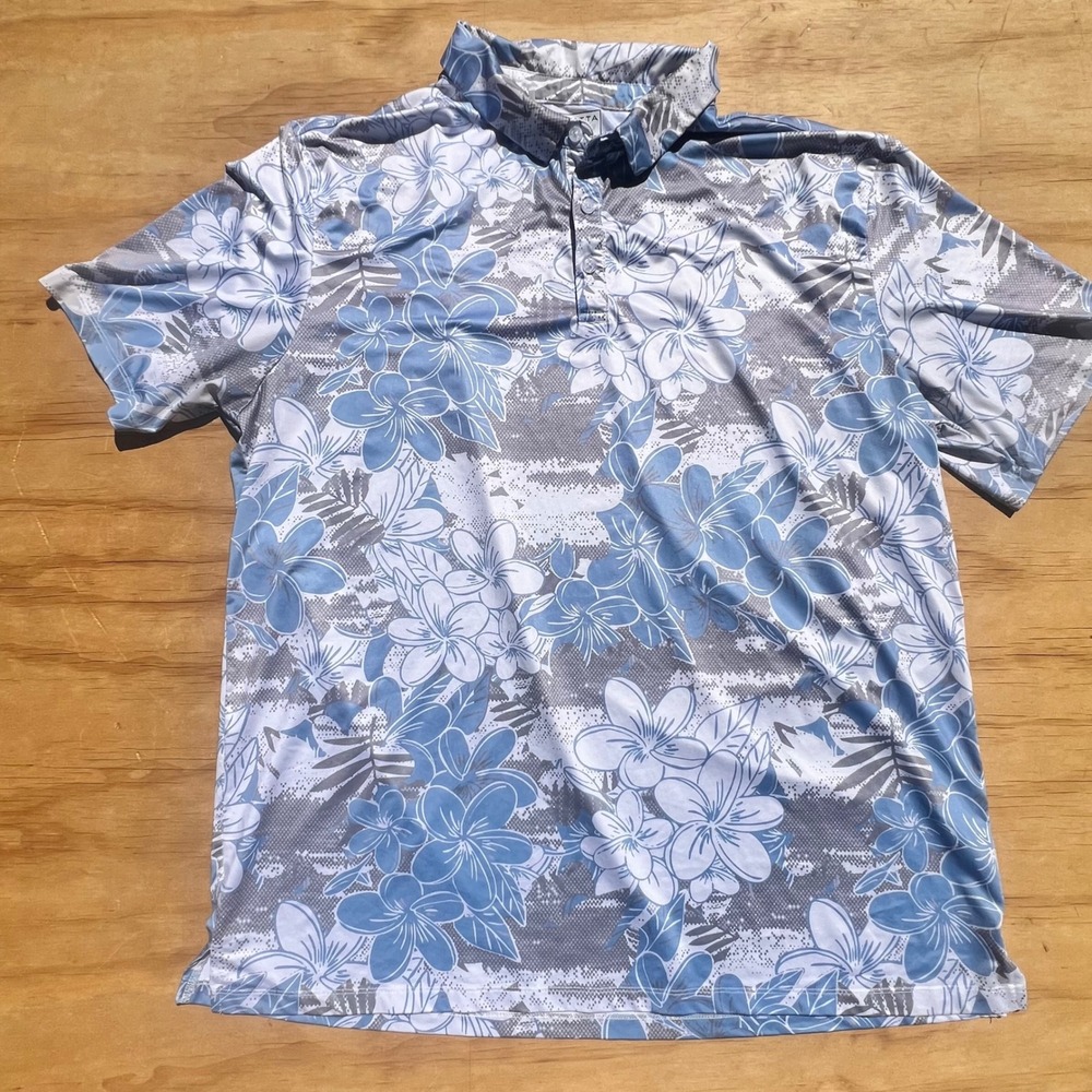Yatta Golf Mens 2XL Blue Floral Hibiscus Performance Polo Shirt Short Sleeve